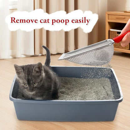 Cat Litter Scoop - Long Handle Scooper, Rustproof Stainless Steel Mesh, Non-Slip Grip, Deep Shovel Sifter for All Litter Types, Easy Clean Kitty Waste Litter for Litter Box(Red)