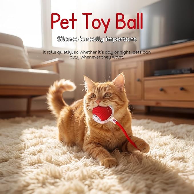 Interactive Cat Toy Ball, Automatic Intercative Cat Toys for Indoor Cats, The 3rd Generation Agile Moving Cat Ball with Elastic Mesh Tail, Toys for Indoor Adult Cats (Red)