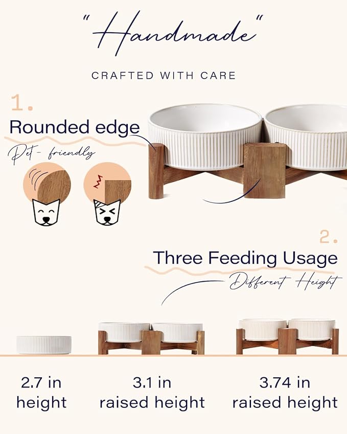 Getstar Elevated Ceramic Dog Cat Bowl Set - 1.8-Cup Raised Feeding Bowls with Non-Slip Wood Stand - Small Pet Dishes for Food and Water - Ideal for Cats and Puppies