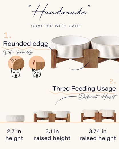 Getstar Elevated Ceramic Dog Cat Bowl Set - 1.8-Cup Raised Feeding Bowls with Non-Slip Wood Stand - Small Pet Dishes for Food and Water - Ideal for Cats and Puppies