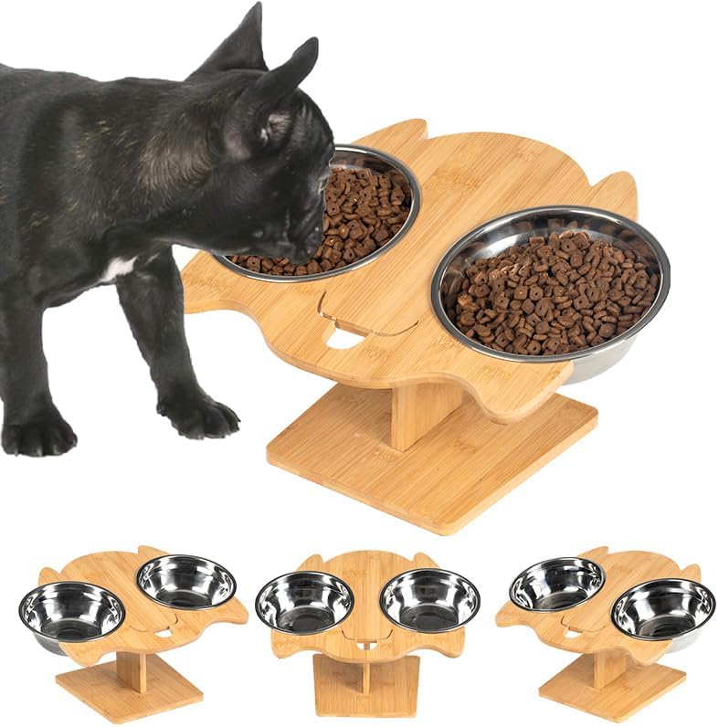 Elevated Cat and Dog Bowl Set – Dual Stainless Steel Bowls with Bamboo Animal-Shaped Stand, Raised Pet Feeder for Medium Dog Small Puppy and Cats to Reduce Neck Strain & Improve Digestion by Unknown