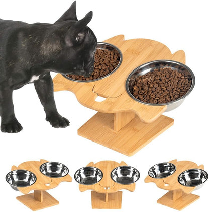 Elevated Cat and Dog Bowl Set – Dual Stainless Steel Bowls with Bamboo Animal-Shaped Stand, Raised Pet Feeder for Medium Dog Small Puppy and Cats to Reduce Neck Strain & Improve Digestion by Unknown