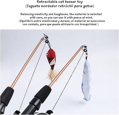 KAYNO Retractable Teaser cat Stick, Extra Long Fish & Feather Decorative cat Fishing Pole Shape Teaser cat Stick, cat Feather Interactive Toys, Toys are Replaceable, Adjustable line Length. (Salmon)