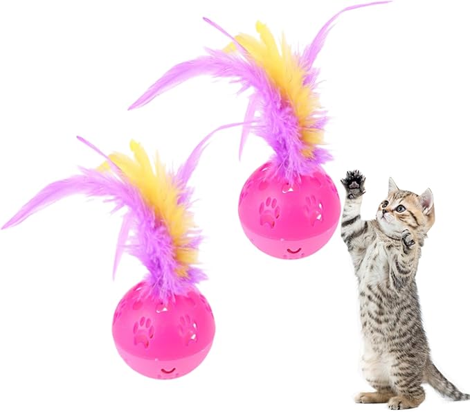 BeeSpring Cat Balls Interactive Cat Toy Feather Balls with Loud Bell Inside (2Pcs Red)