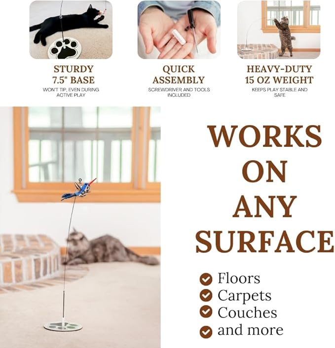 Interactive Cat Toys for Indoor Cats - 5 Replacement Feathers with Bells - Teaser Wand Toy - Self Play Bird Simulation - Bored Adult Feline Hunting Solo Chaser Activity - Kitten Juguetes para Gatos