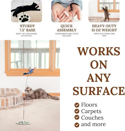 Interactive Cat Toys for Indoor Cats - 5 Replacement Feathers with Bells - Teaser Wand Toy - Self Play Bird Simulation - Bored Adult Feline Hunting Solo Chaser Activity - Kitten Juguetes para Gatos