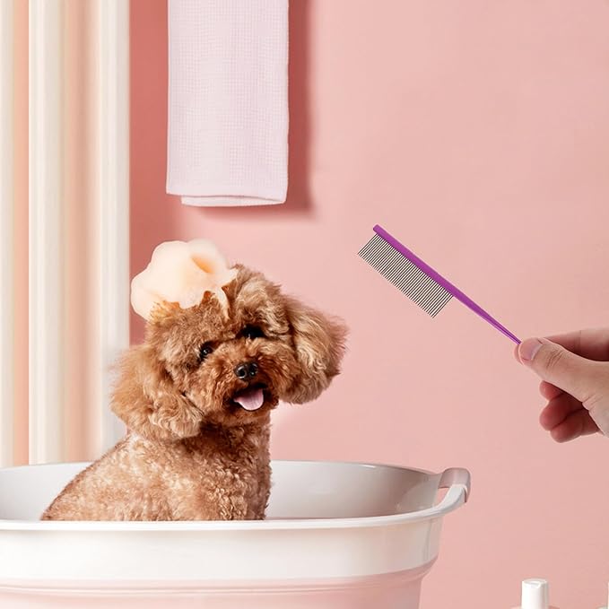 UPKOCH Pet Grooming Steel Comb for Dogs and Cats, Rat Tail Dematting Hair Removal Comb with Anti-tangle Design, Purple Metal Hairstyling Tool for Long-haired Pets