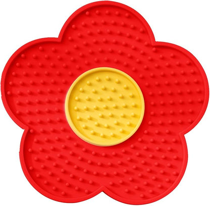 Slow Feeder Mat for Fast Eaters Pet Lick Pad Flower Design Silicone Grooming & Training Aid for Anxious Dogs Cats Red One Size