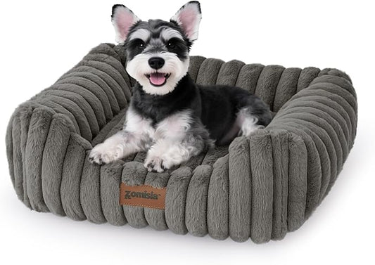 Small Dog Beds for Small Dogs - Washable Cat Beds for Indoor Cats, Rectangle Orthopedic Puppy Bed with Fluffy Removable Cover, 20x19x7inches, Grey