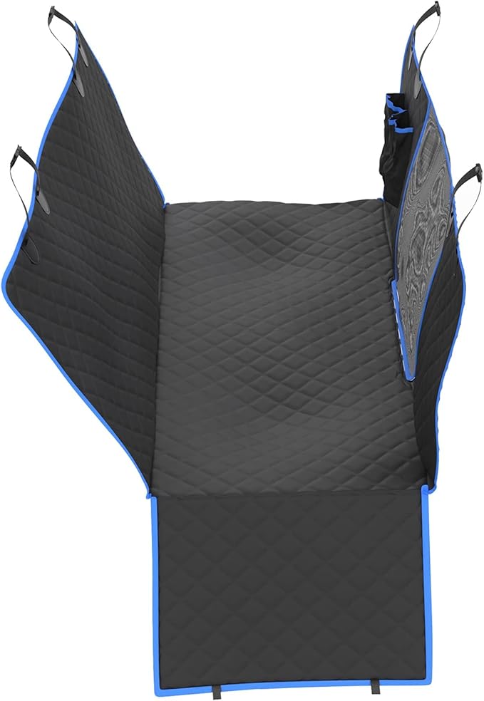 Dog Car Seat Cover, Back Seat Pet Cover - Waterproof, Scratchproof, Nonslip, Hammock, Backseat Protection from Fur, Dirt, Accidents, Truck/SUV Size, Black/Blue Color, Safety Harness Included