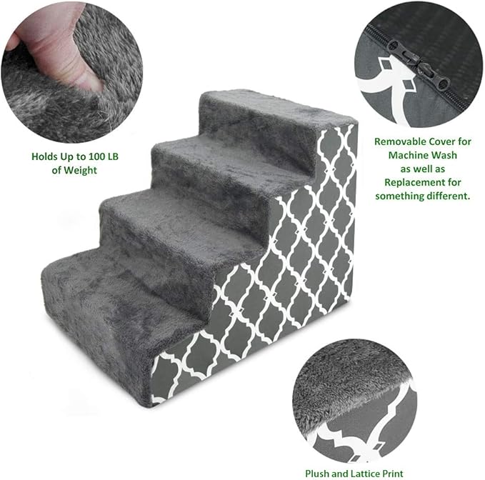 Best Pet Supplies Foam Pet Steps Cover for Small Dogs and Cats, Portable Ramp Stairs for Couch, Sofa, and High Bed Climbing (Cover Only) - Gray Lattice, 4-Step (H: 18") (Cover Only)