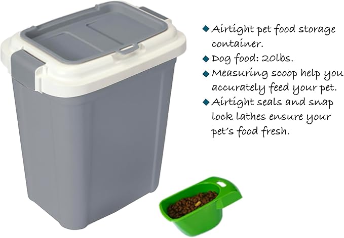 Ashfield & Harkness: Airtight Pet Food Storage Container - 23 Qt, Grey - Holds 20 lbs, Lightweight Bin & Measuring Scooper, Dogs-Cats-Animal Supplies