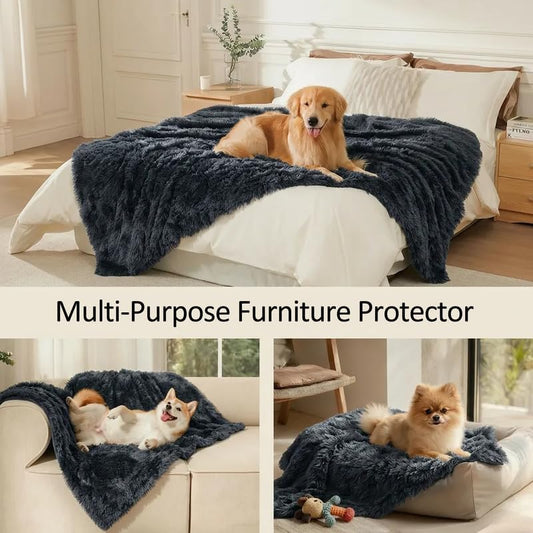 Waterproof Dog Blanket Pet Throw Blankets Fluffy Long Faux Fur Reversible Puppy Blankets 65x57in Furniture Protector Cover for Sofa Bed Couch Bed Cover Washable for Dogs Cats (Black L) - Image 2
