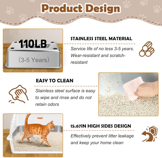 Vivifying Stainless Steel Litter Box with Lid, XL Front Entry Enclosed Extra Large Litter Box for Big Cats & Kitty, Top Exit Metal Cat Pan with Scoop, Mat, Footboard, Charcoal Filter (White)