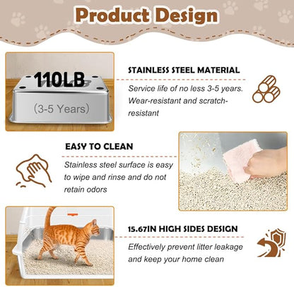 Vivifying Stainless Steel Litter Box with Lid, XL Front Entry Enclosed Extra Large Litter Box for Big Cats & Kitty, Top Exit Metal Cat Pan with Scoop, Mat, Footboard, Charcoal Filter (White)