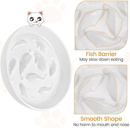 PETTOM Slow Feeder Cat Bowl with Stand, Ceramic Slow Eating Cat Bowl with Higher Edges Fish Pool Design Elevated Food Bowls for Dry and Wet Food Anti-Vomiting Puzzle Feeder for Healthy Eating Diet