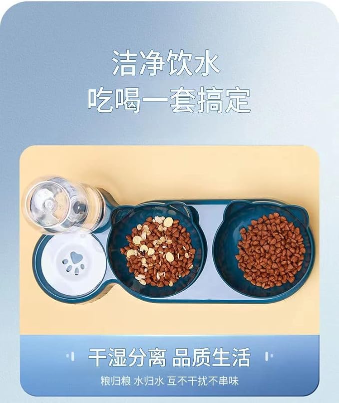 Triple Cat Bowls for Food and Water, Plastic Raised Cat Dishes, Automatic Water Bottle 3 in 1 Pet Bowls 2 Food Bowls and Water Feeder Set Wet Dry Food Bowl Set for Cats Puppy Small Dogs (Navy Blue)