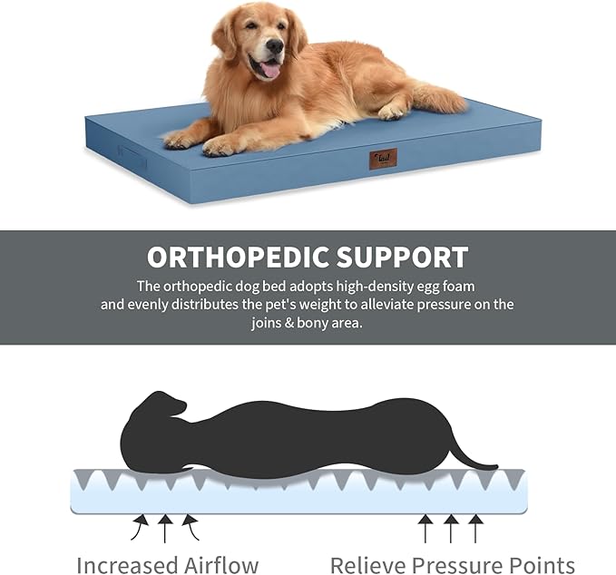 Outdoor Dog Bed for Medium Dogs, Waterproof Dog Crate Mat Orthopedic Egg Crate Foam Pet Bed with Washable Removable Oxford Cover, Blue