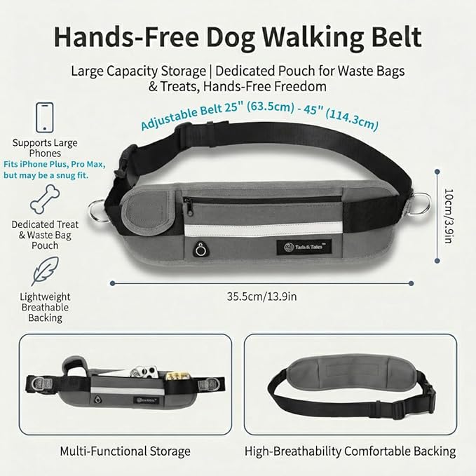Tails & Tales Hands Free Dog Leash with Lightweight Waist Pouch for Walking Running Hiking, Adjustable Belt 25-45", Dual Padded Handles, Reflective Bungee Design for Small to Large 100lb Dogs (Gray)