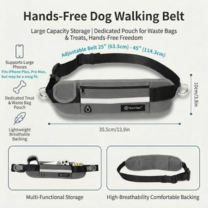 Tails & Tales Hands Free Dog Leash with Lightweight Waist Pouch for Walking Running Hiking, Adjustable Belt 25-45", Dual Padded Handles, Reflective Bungee Design for Small to Large 100lb Dogs (Gray)