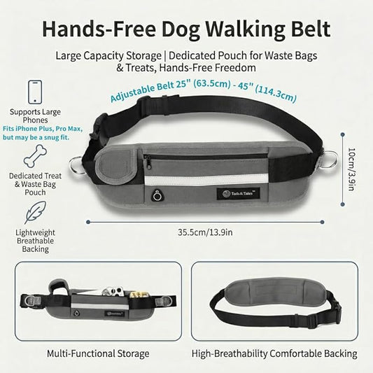 Tails & Tales Hands Free Dog Leash with Lightweight Waist Pouch for Walking Running Hiking, Adjustable Belt 25-45", Dual Padded Handles, Reflective Bungee Design for Small to Large 100lb Dogs (Gray)