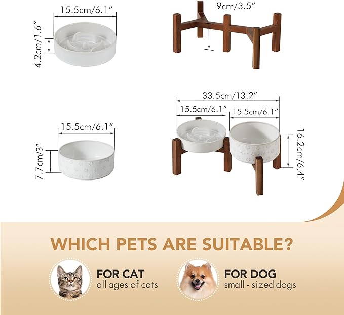Ceramic 0.9 Cup Raised Slow Feeder Dog Bowl Set, Elevated 6.1inch Water Bowl and 6.1inch Slow Dish with Acacia Wood Stand for Small Dogs (2 x Reactived Glaze -White+ Stand)