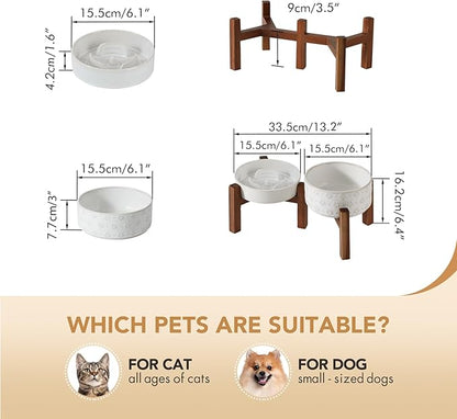 Ceramic 0.9 Cup Raised Slow Feeder Dog Bowl Set, Elevated 6.1inch Water Bowl and 6.1inch Slow Dish with Acacia Wood Stand for Small Dogs (2 x Reactived Glaze -White+ Stand)