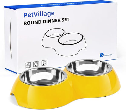 Stainless Steel Dog Bowls Set – Dual Non-Slip Pet Dishes with 2 Small (4oz*2) Bowls & Durable Resin Stand,Food & Water Feeder for Puppies, Kittens, and Small Breed Dogs – Yellow