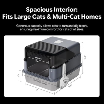 Stainless Steel Cat Litter Box with Lid – Enclosed & Covered High-Sided Kitty Litter Box, Medium or Small, Metal Litter Pan for Cats and Kittens, Odor Control, Easy Cleaning