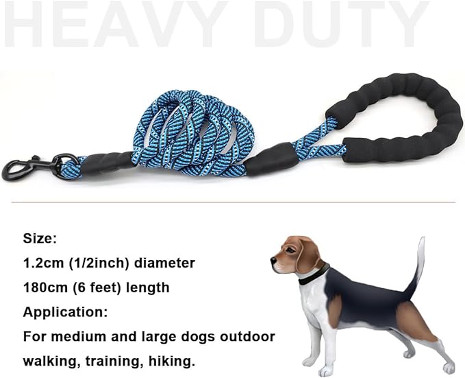 MayPaw Rope Dog Leash 3/6/8/10/12/15/20/30 FT, Heavy Duty Nylon Pet Leash, Soft Padded Handle Thick Lead Leashes for Large Medium Dogs (1/2" * 6', Blue Black)