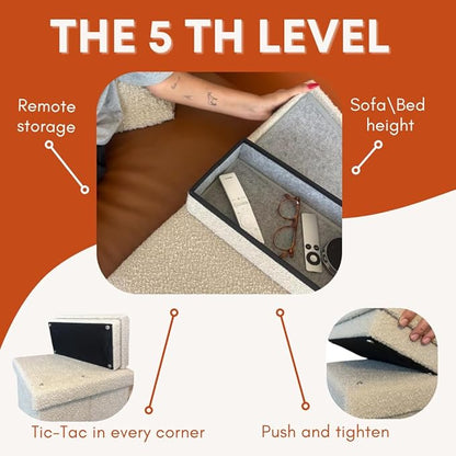 5-Step Dog Stairs for Small, Medium Dogs with Storage Box - Durable Folding Pet Steps, Padded Lid and Container; Dog Steps for Bed and Couch + Hair Brush Gift (Off White, Large, 5.0)