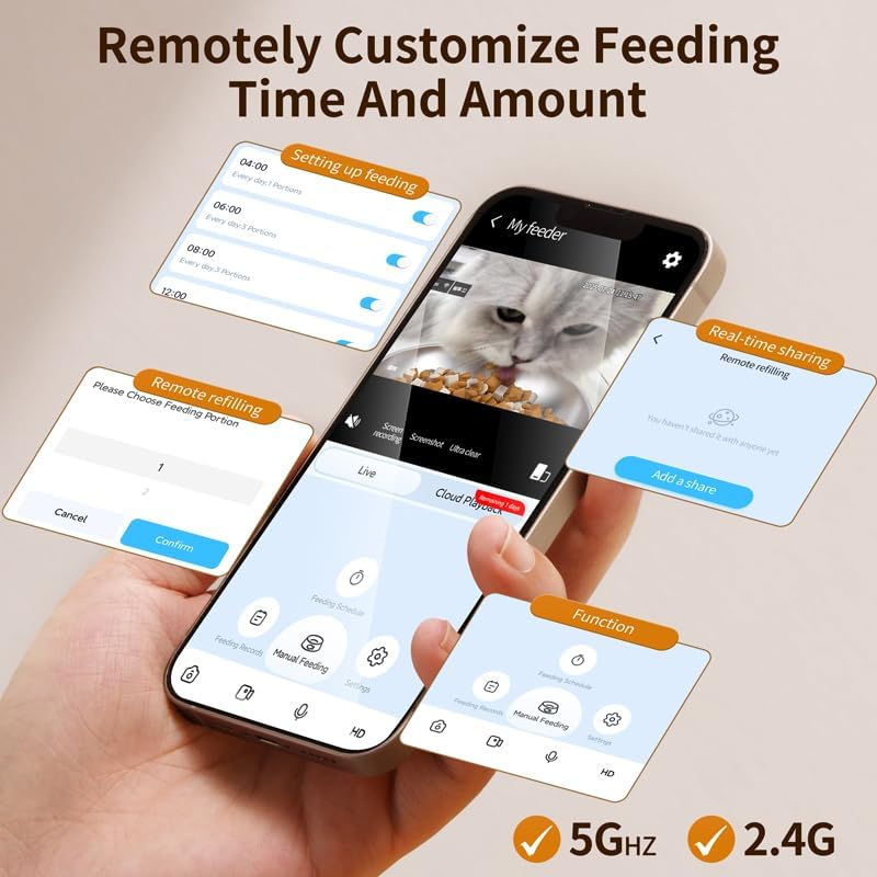 Automatic Cat Feeder, 4.5L Easy Install Pet Food Dispenser, 1080P HD Camera, 5GWIFI with Night Vision, Motion Alarm, Stainless Steel (White) - Image 4