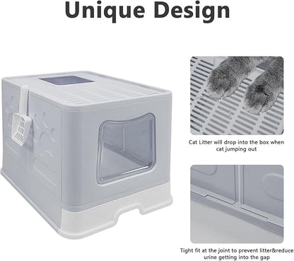 XL Foldable Cat Litter Box with Lid - Jumbo Enclosed Potty - Top Entry Anti-Splashing Toilet - Includes Scoop & 2-in-1 Cleaning Brush (Grey)