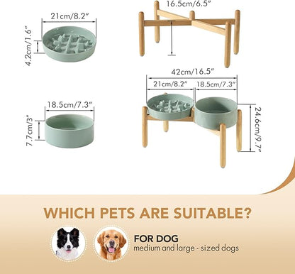 Ceramic Raised Slow Feeder Dog Bowl Set, Elevated 7.3inch Bowl and 8.2inch Slow Pet Food Dish with Wooden Stand for Medium and Large Dog (2 x Light Green+ Stand)