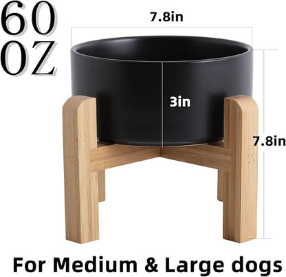 Elevated/Raised Ceramic Dog Bowl with Bamboo Stand,8 inch 7.6 Cups Non-Slip Heavy-Weighted Single Pet Dish, Reduces Neck Strain Black