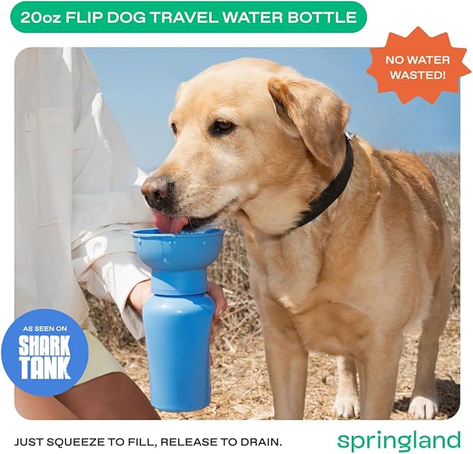 Springer by Springland Flip Portable Dog Water Bottle with Foldable Food Grade Silicone Bowl - 20 Ounce Travel Dog Water Bottle Ideal for Camping - Easy Squeeze Hydration & Release to Drain