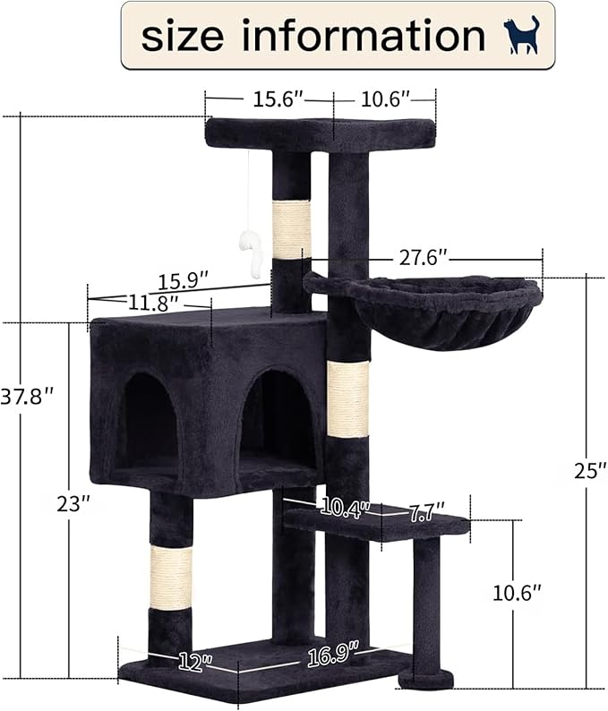 BestPet | 37" Cat Tree Tower | Dark Gray | Sturdy Multi-Level Cat Tree with Plush Condo, Cozy Perch, Sisal Scratching Posts, Hanging Toy and Hammock | Easy Assembly | for Kittens & Adult Cats
