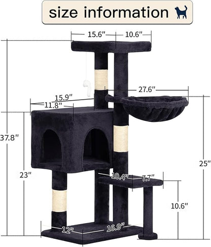 BestPet | 37" Cat Tree Tower | Dark Gray | Sturdy Multi-Level Cat Tree with Plush Condo, Cozy Perch, Sisal Scratching Posts, Hanging Toy and Hammock | Easy Assembly | for Kittens & Adult Cats