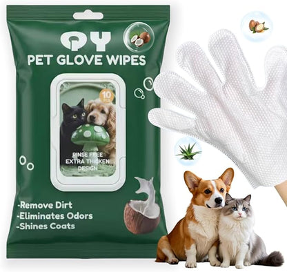 10-Pack Pet Cleaning Glove Wipes with Lid | Extra Thick Dog & Cat Grooming Gloves | Rinse-Free Bath Wipes with Coconut, Aloe, Corn & Jojoba for Odor Control & Daily Care