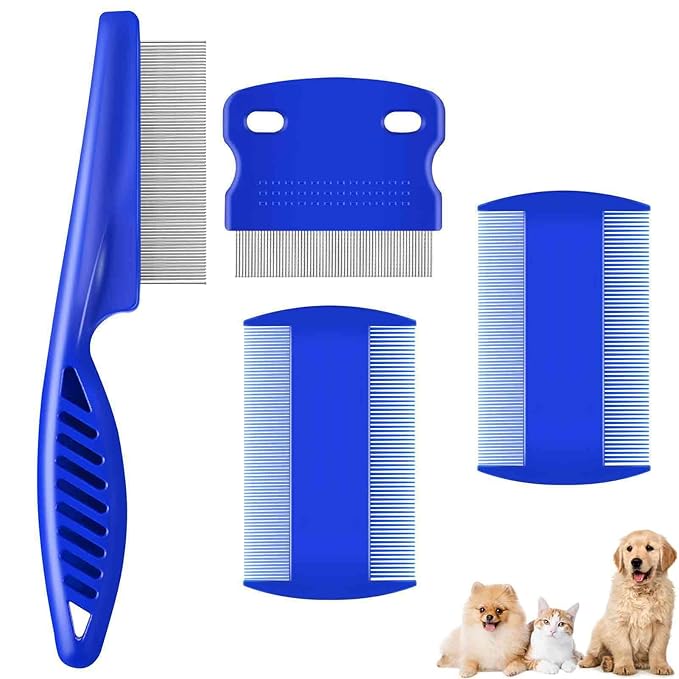 4 Pack Dog Grooming Comb, Pet Flea Lice Combs, Stainless Steel Cat Combs with Rounded Teeth, Double Sided Professional Pet Tear Stain Remover, Dematting Tool for Small, Medium & Large Pets