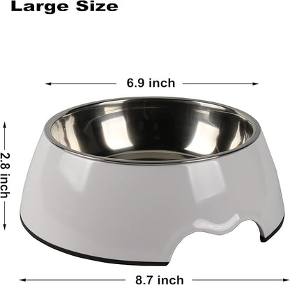M&BGWPP Melamine Plastic Dog Food Bowl, Non Skid Base，Anti-Slip Pet Feeder Bowls, 2-in-1 Removable Stainless Steel Pet Feeder Holder for Dogs and Cats (28oz 8.66in*2.83in, White)