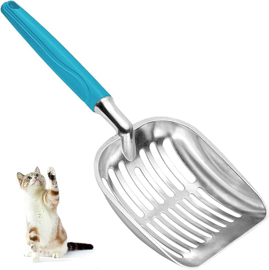 Cat Litter Scoop, Metal Cat Scooper, Plastic Handle Scoop, Sifting Shovel of Christmas– Heavy Duty Aluminum Alloy Litter Box Scoop with Deep Mesh, Design for Easy Waste Removal and Cleaning(Lake Blue)
