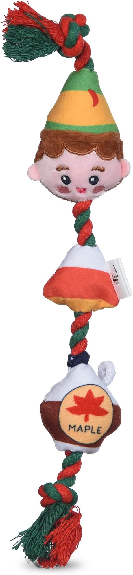 Elf for Pets 7" Dog Plush & Rope Candy Toy | Squeaky Plush Toys, Rope Tug Toys for Dogs | Officially Licensed Pet Product for Dogs & Pet Stocking Stuffers, Buddy, Candy, & Maple Syrup Rope (FF23461)