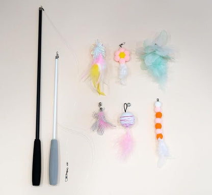 BLUE BAY Two Retractable Cat Teaser Wand Toy with 6 PCS Attachments | Cat Teaser Toys for Indoor Cats Kitten Play Chase Exercise (Black 4-Section Wand + Gray 3-Section Wand)