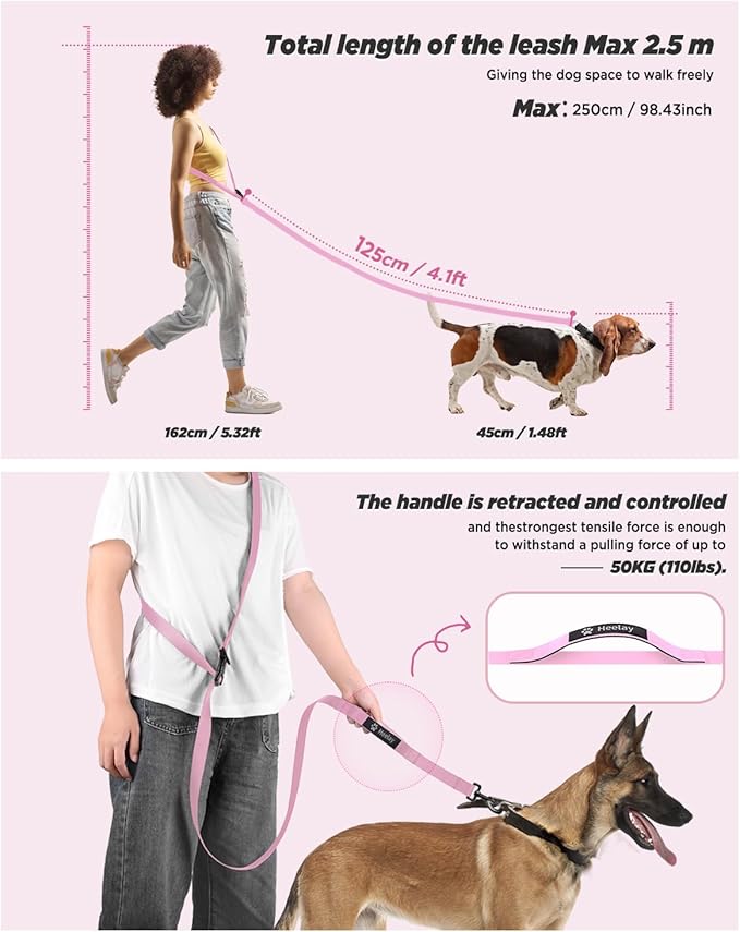 Hands Free Dog Leash, 8.2ft Multifunctional Crossbody Rope with Explosion-Proof Handle and Adjustable Training Hands Free Leash for Medium/Large Dogs Walking,Light Pink