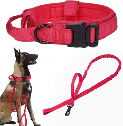 Xqpetlihai Tactical Dog Collar and Leash Set Adjustable Military Nylon Dog Collar with Control Handle and Heavy Duty Metal Buckle for Large Dogs（Red L
