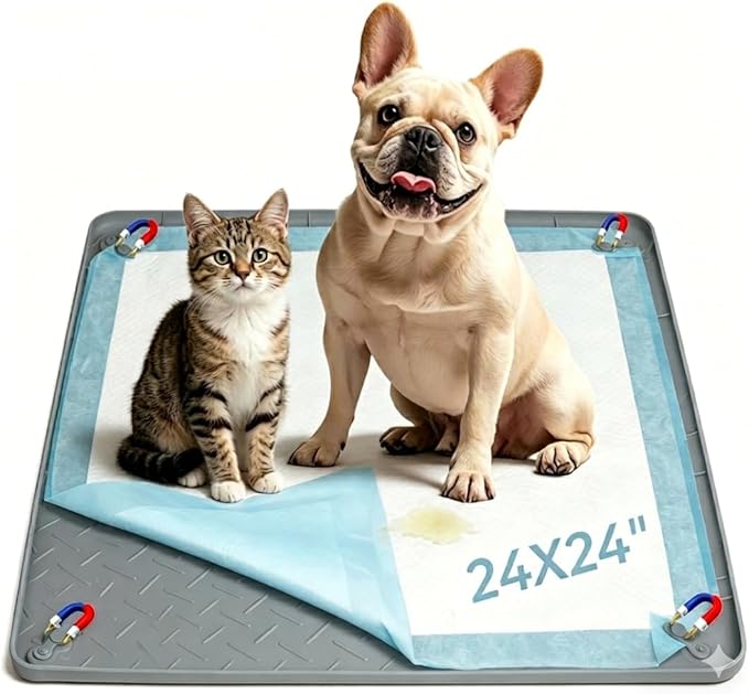 Pee Pad Holder for Dogs, 24" x 24" Non-Slip Silicone Puppy Pad Tray with 4 Magnetic Clips, Leak-Proof Raised Edge, Reusable Waterproof Puppy Training Mat for Indoor Floor Protection