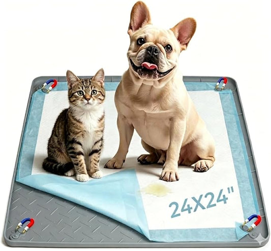 Pee Pad Holder for Dogs, 24" x 24" Non-Slip Silicone Puppy Pad Tray with 4 Magnetic Clips, Leak-Proof Raised Edge, Reusable Waterproof Puppy Training Mat for Indoor Floor Protection