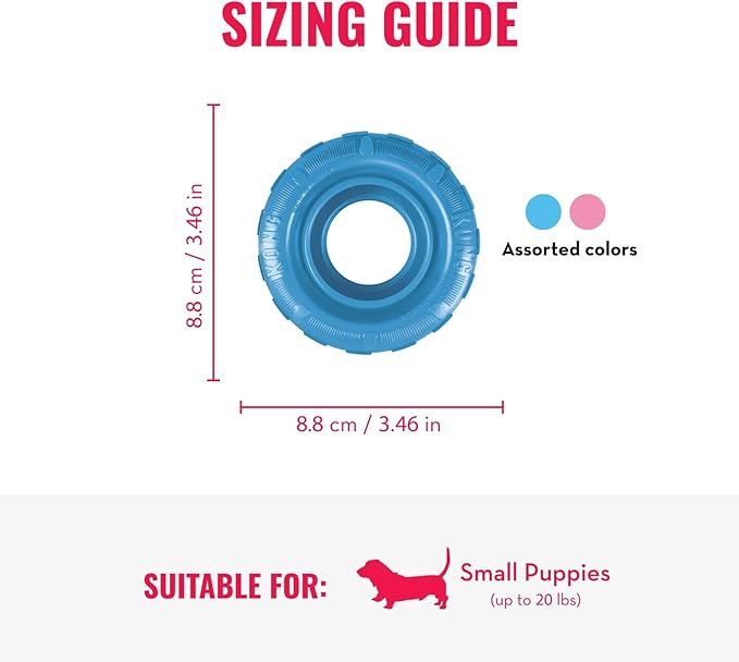 KONG Puppy Tires - Dog Chew Toy for Puppies - Stuffable Dog Toy for Treats & Snacks - Natural Rubber Chew Toy for Teething Puppy - for Small Puppies - Randomly Provided Color