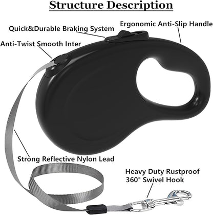 Retractable Dog Leash, 16Ft/5M Light Weight Retractable Leash for Small Medium Dogs/Cats Up to 50lbs, Strong Nylon Tape 360° Tangle-Free One-Hand Brake (Black)